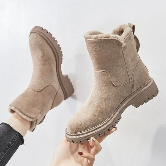 Homixa Alessia women's fleece-lined faux-suede ankle booties with foldover cuff and lug sole, showcasing a chunky knit style.