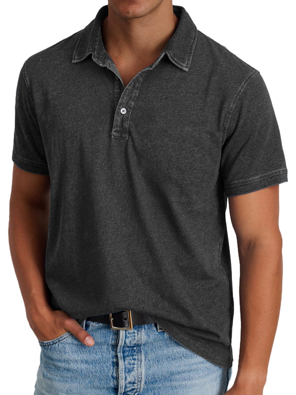 Homixa Ashton men's classic polo shirt, navy blue with collar and short sleeves, displayed on a hanger.