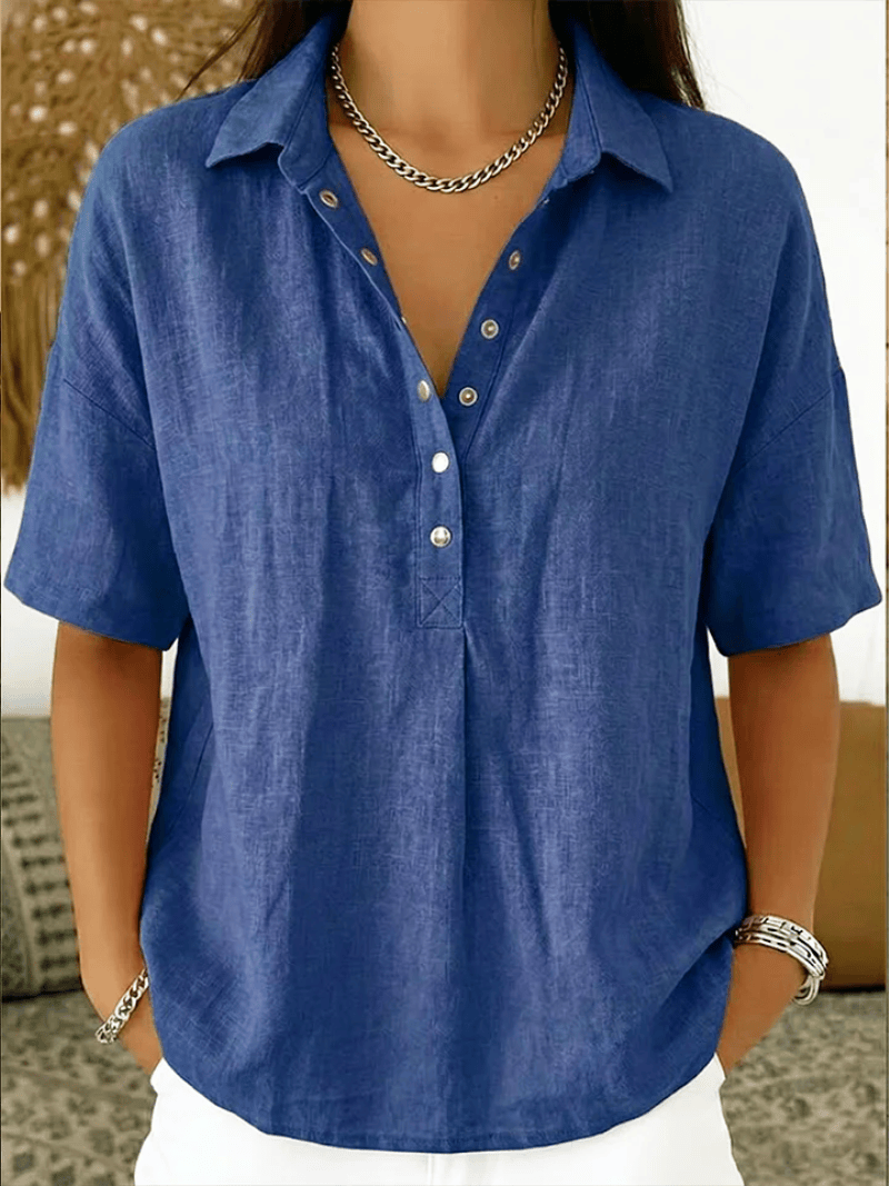 Homixa Avery women's relaxed collared shirt, soft fabric, lightweight, with a classic collar and button front, displayed on a white background.