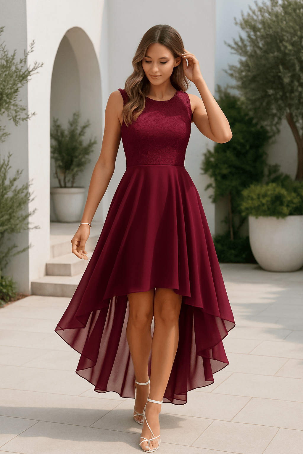 Homixa Celeste women's high-low evening dress with elegant flowing fabric and sleeveless design, perfect for formal occasions.
