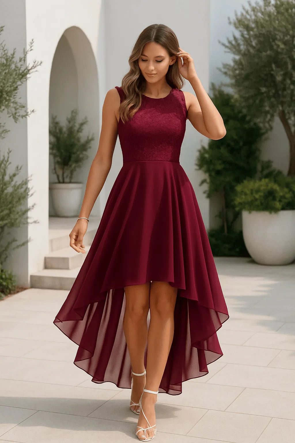 Homixa Celeste women's high-low evening dress with elegant flowing fabric and sophisticated design for special occasions.