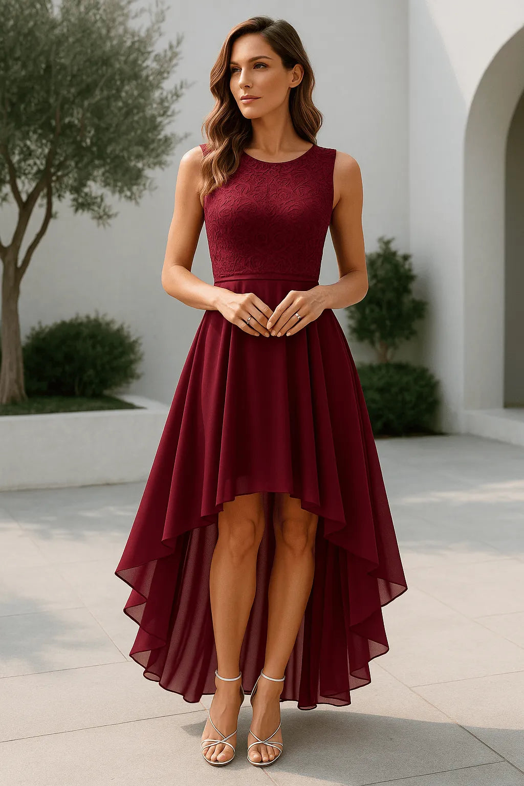 Homixa Celeste women's high-low evening dress with elegant fabric and flowing design, perfect for formal occasions.