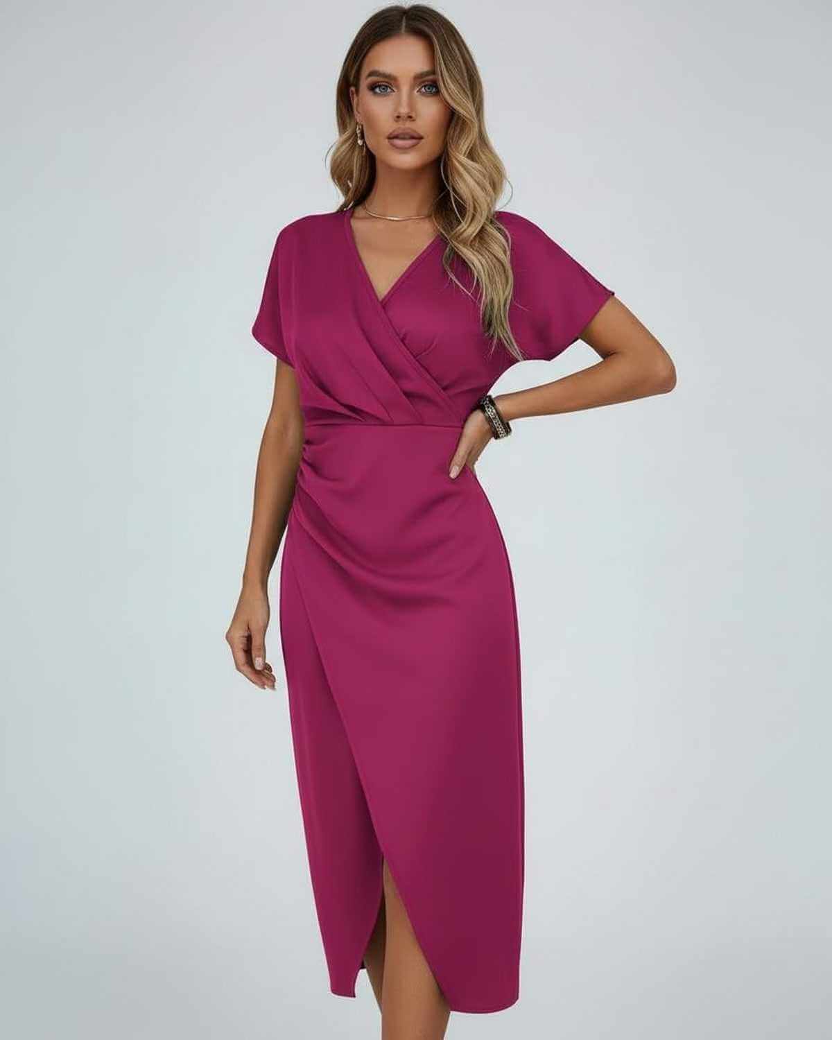 Homixa Clara women's wrap-waist midi dress shown on a model, featuring a stylish, flowy design perfect for casual or dressy occasions.
