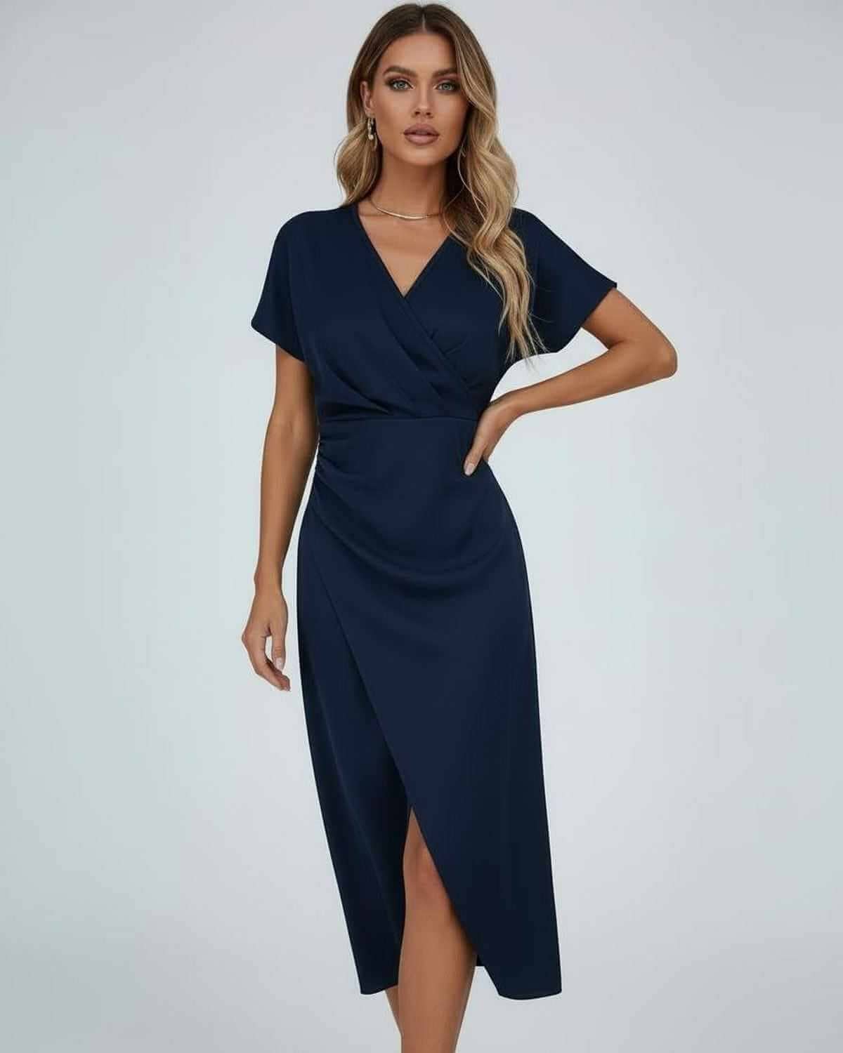 Homixa Clara women's wrap-waist midi dress displayed on a model, showcasing its elegant design and flowy fabric.