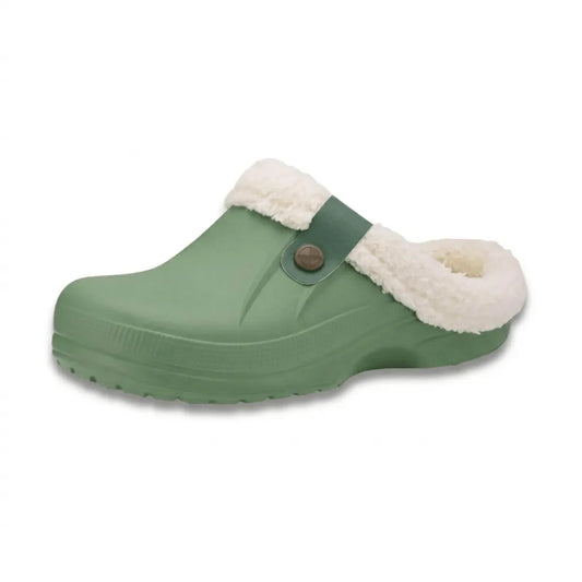 Homixa Brielle women's plush-lined slip-on clogs with open back and side button strap, ideal for comfortable everyday wear