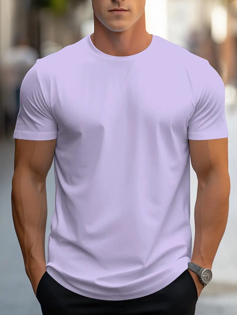 Homixa Eli men's slim-fit crew-neck T-shirt displayed on a hanger, showcasing a casual, fitted men's T-shirt in a neutral color.