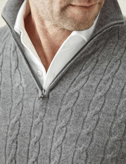 Homixa men's cable-knit quarter-zip sweater in gray, featuring a textured knit design and a classic collar.