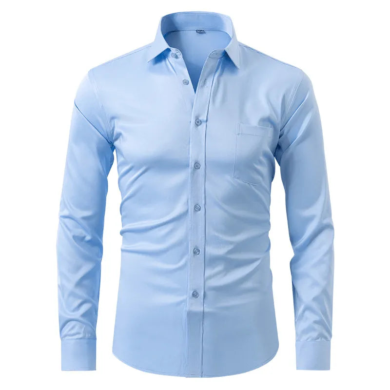 Homixa men's long-sleeve dress shirt in light blue with a classic collar, displayed on a hanger.