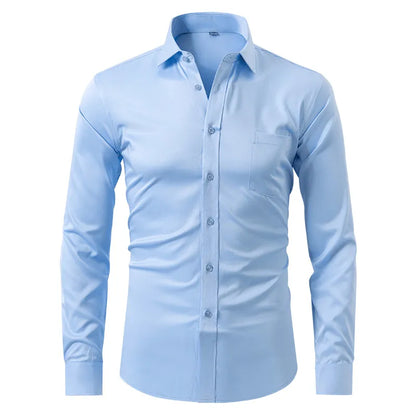 Homixa men's long-sleeve dress shirt in light blue with a classic collar, displayed on a hanger.