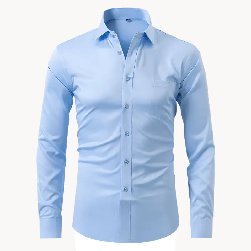 Homixa men's long-sleeve dress shirt in light blue with a classic collar and button-up front, perfect for formal or business wear.