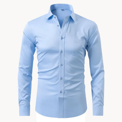 Homixa men's long-sleeve dress shirt in light blue with a classic collar and button-up front, perfect for formal or business wear.