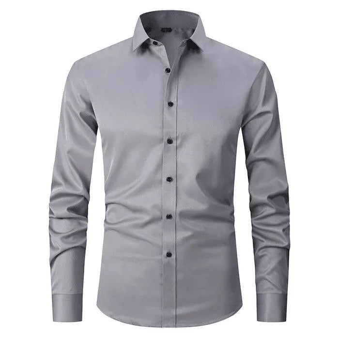 Homixa men's long-sleeve dress shirt in light blue with a classic collar and button-down front, suitable for formal occasions.