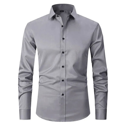 Homixa men's long-sleeve dress shirt in light blue with a classic collar and button-down front, suitable for formal occasions.