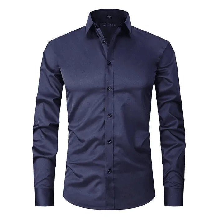 Homixa men's long-sleeve dress shirt in light blue fabric, featuring a classic collar and button-up front.