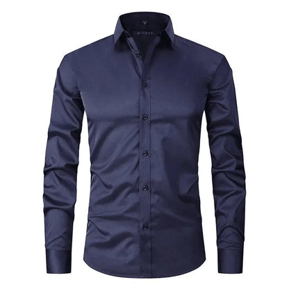 Homixa men's long-sleeve dress shirt in light blue fabric, featuring a classic collar and button-up front.