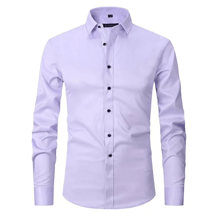 Homixa men's long-sleeve dress shirt in light blue, featuring a classic collar and button closure, perfect for formal wear.