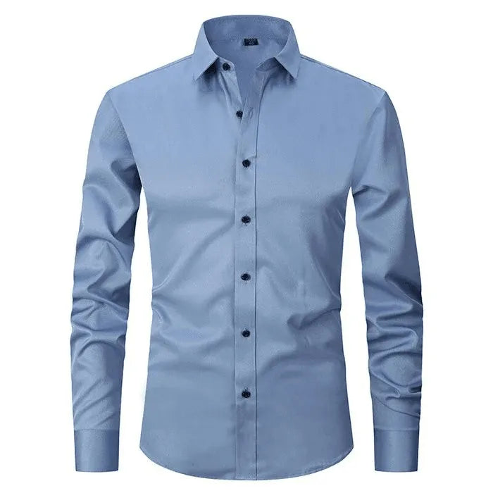 Homixa men's long-sleeve dress shirt in light blue, featuring a classic collar and button-up front.
