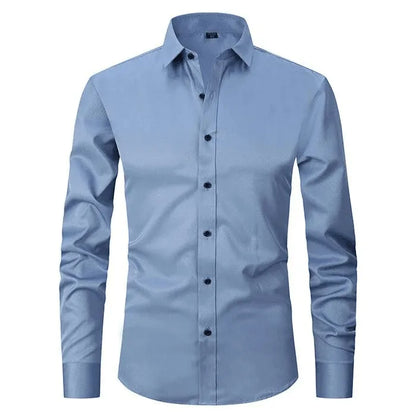Homixa men's long-sleeve dress shirt in light blue, featuring a classic collar and button-up front.