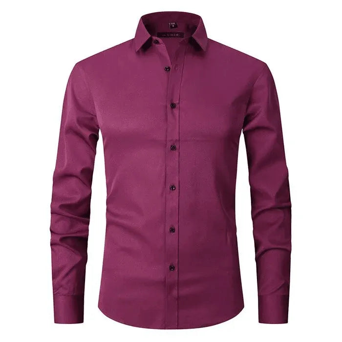 Homixa men's long-sleeve dress shirt in light blue, tailored fit with collar and button front, suitable for formal occasions.