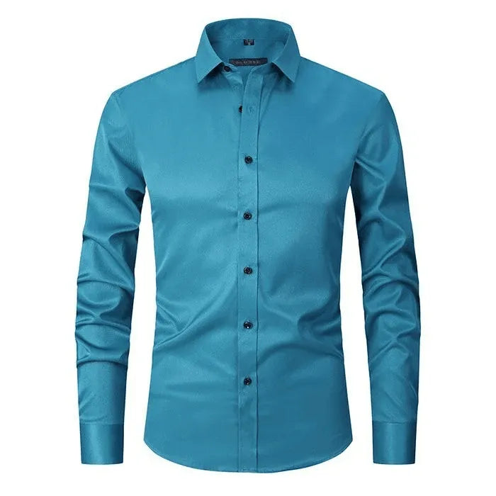 Homixa men's long-sleeve dress shirt in light blue with a classic collar and button-front, tailored fit for formal occasions.