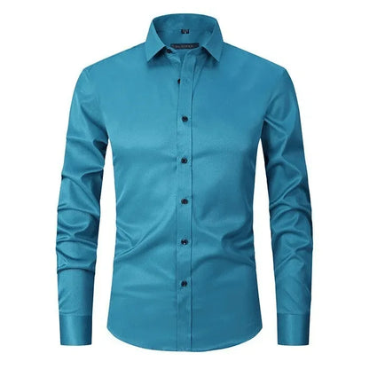 Homixa men's long-sleeve dress shirt in light blue with a classic collar and button-front, tailored fit for formal occasions.