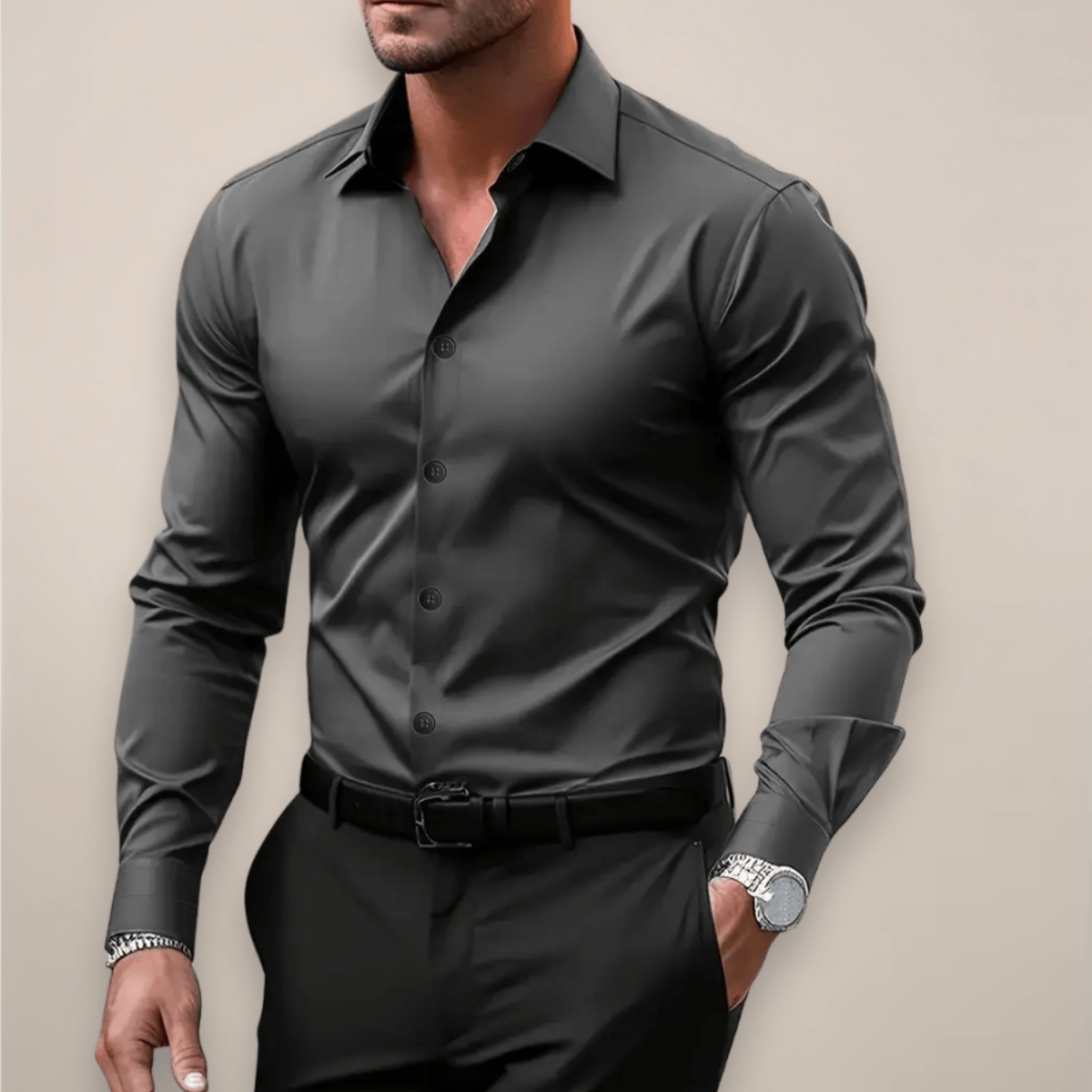 Lavana men's long-sleeve shirt with a classic notched collar, suitable for casual or formal occasions.