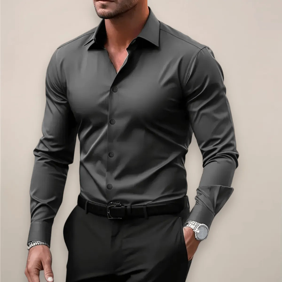 Homixa men's long-sleeve notch-collar shirt in a classic design, shown in a neutral fabric and color suitable for casual or formal wear.