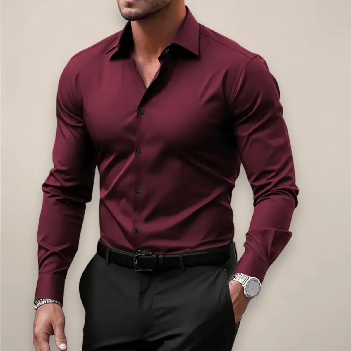 Homixa men's long-sleeve notch-collar shirt displayed flat, featuring a classic collar, button-down front, and tailored fit.