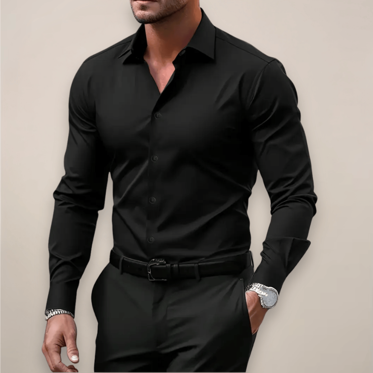 Lavana men's long-sleeve shirt with a classic notched collar, suitable for casual or formal occasions, in a versatile design.