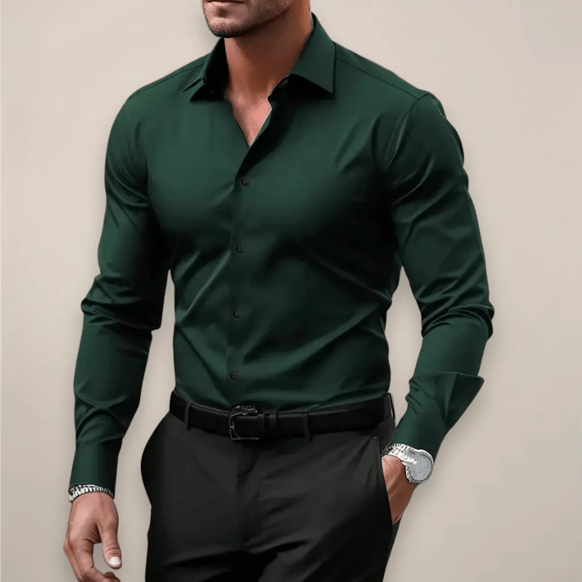 Homixa men's long-sleeve notch-collar shirt in a classic design, made of soft fabric, displayed on a hanger.