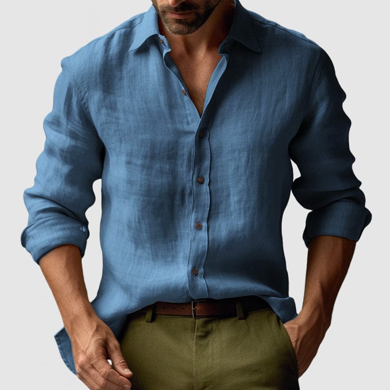Lavana men's linen vintage long-sleeve button-up shirt ideal for smart-casual events, shown in a relaxed fit with classic collar