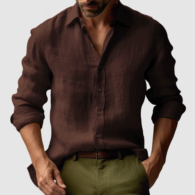 Lavana men's vintage linen long-sleeve button-up shirt, ideal for smart-casual events, showcased in a stylish, relaxed fit.