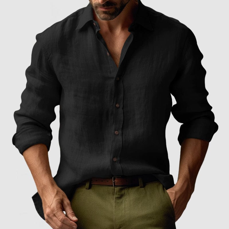 Lavana men's vintage linen long-sleeve button-up shirt, ideal for smart-casual events, shown in a stylish, relaxed fit.