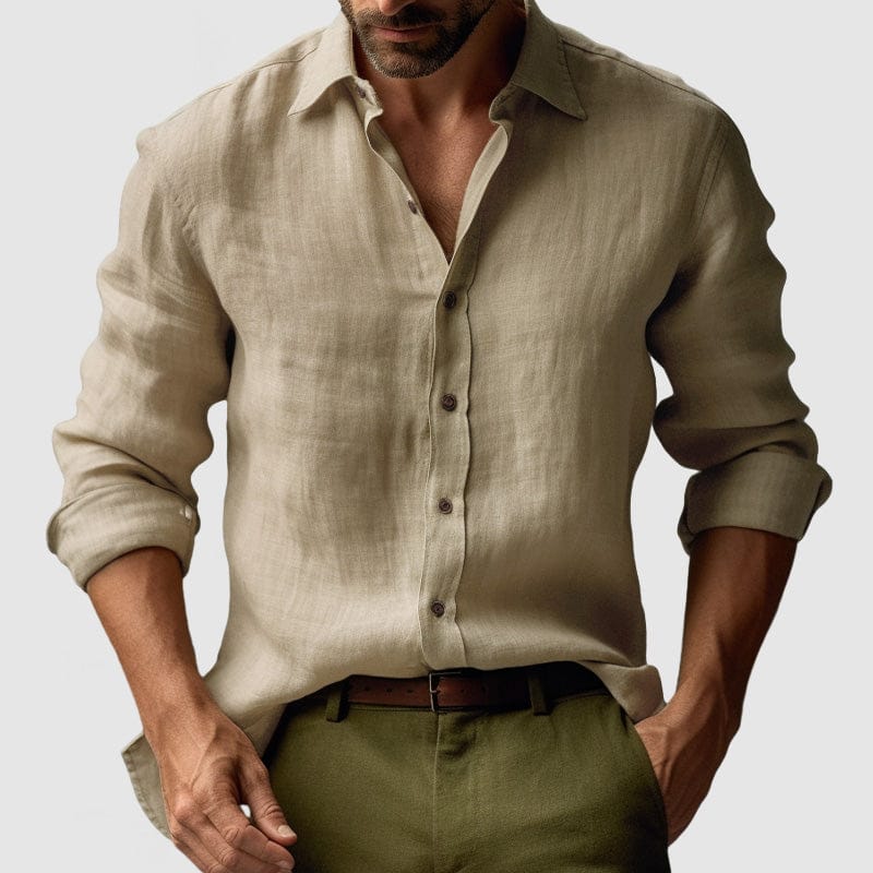 Lavana men's vintage linen button-up long sleeve shirt for smart-casual events, shown in a relaxed fit with a classic collar.