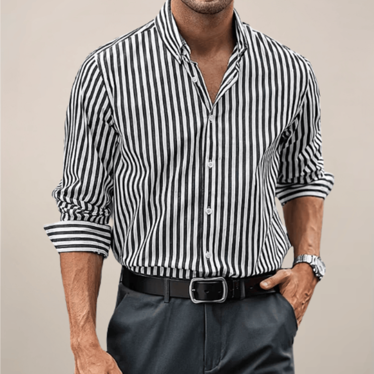 Lavana men's striped long sleeve button-up shirt for smart occasions, featuring classic design and button-front detail.