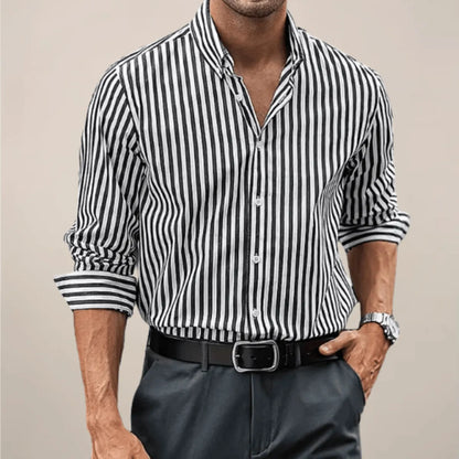 Homixa men's striped long-sleeve button-up shirt with a classic collar and button front, made of lightweight fabric.