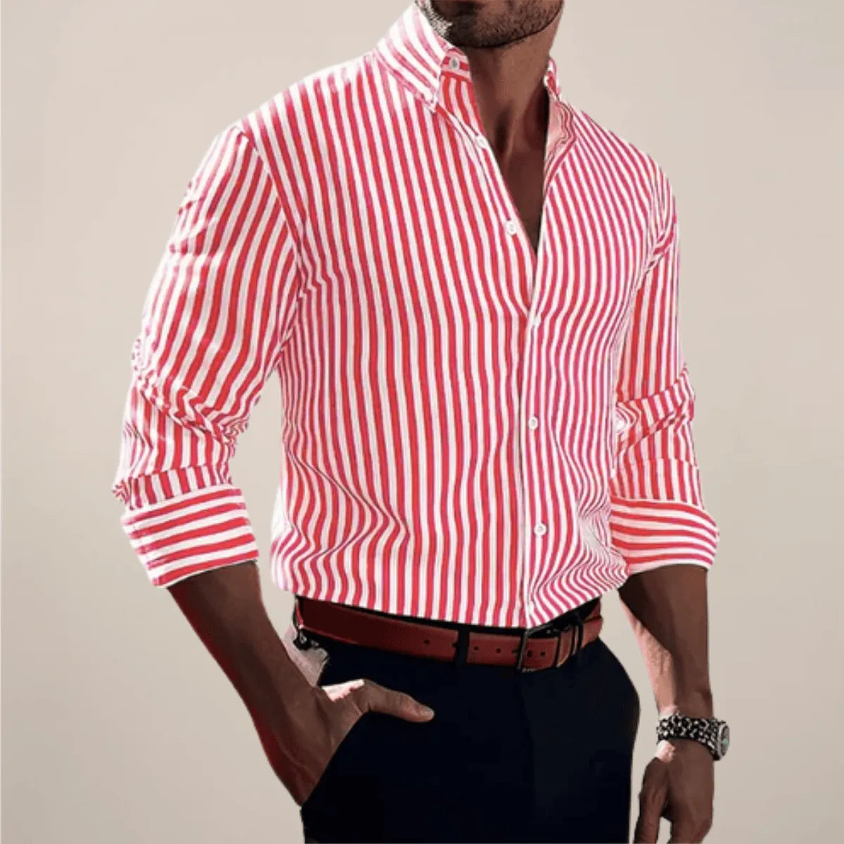 Homixa men's striped long-sleeve button-up shirt, casual clothing with a classic collar and button closure, in blue and white stripes.