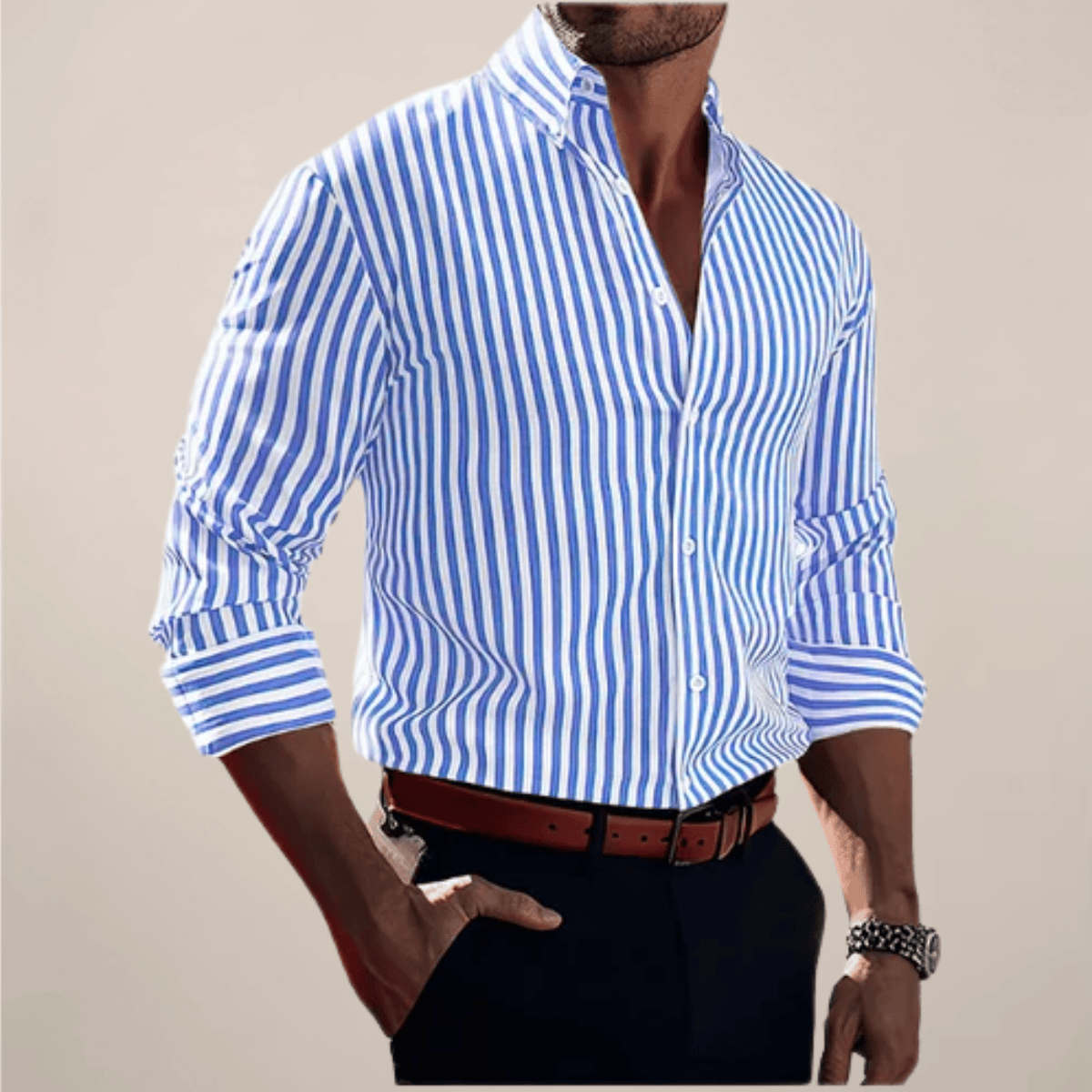 Lavana men's striped long sleeve button-up shirt, suitable for smart occasions, featuring a classic design and tailored fit.