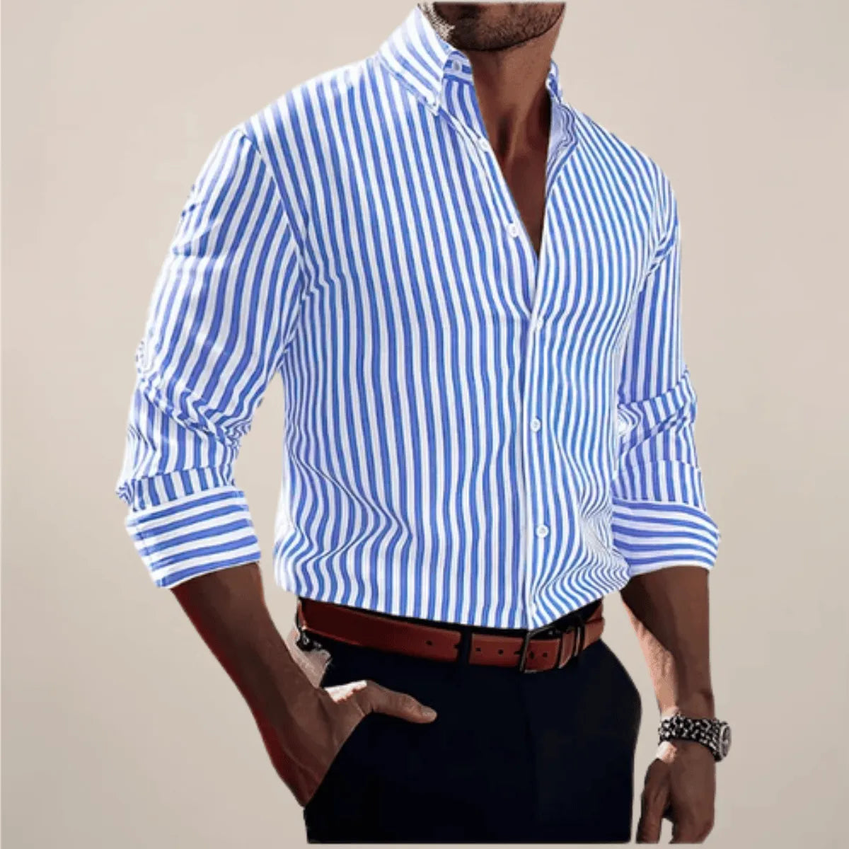 Homixa men's striped long-sleeve button-up shirt with a classic collar and button cuffs, made from lightweight fabric.