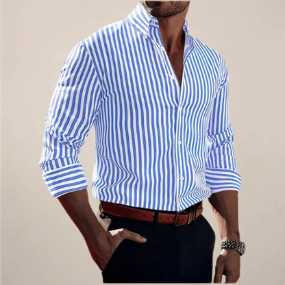 Homixa men's striped long-sleeve button-up shirt with a classic collar and button cuffs, made from lightweight fabric.