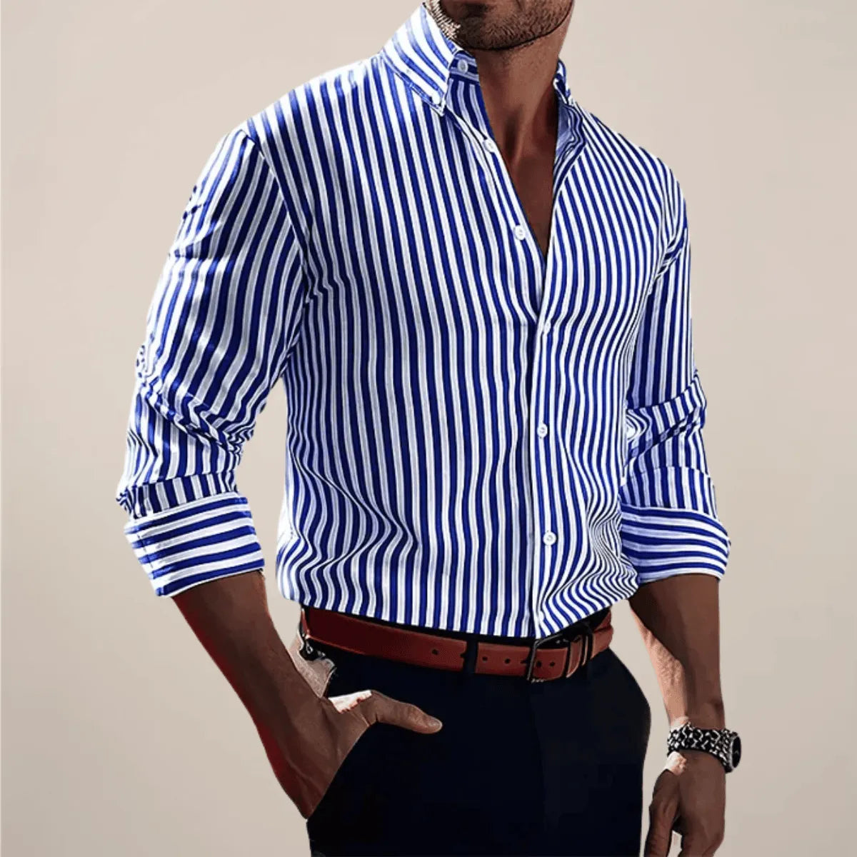 Homixa men's striped long-sleeve button-up shirt with classic collar and button cuffs, suitable for casual or formal wear.