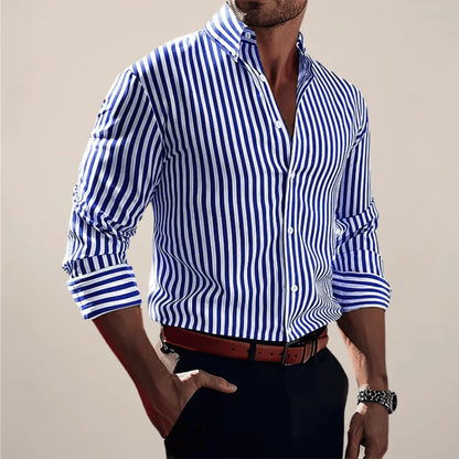 Homixa men's striped long-sleeve button-up shirt with classic collar and button cuffs, suitable for casual or formal wear.