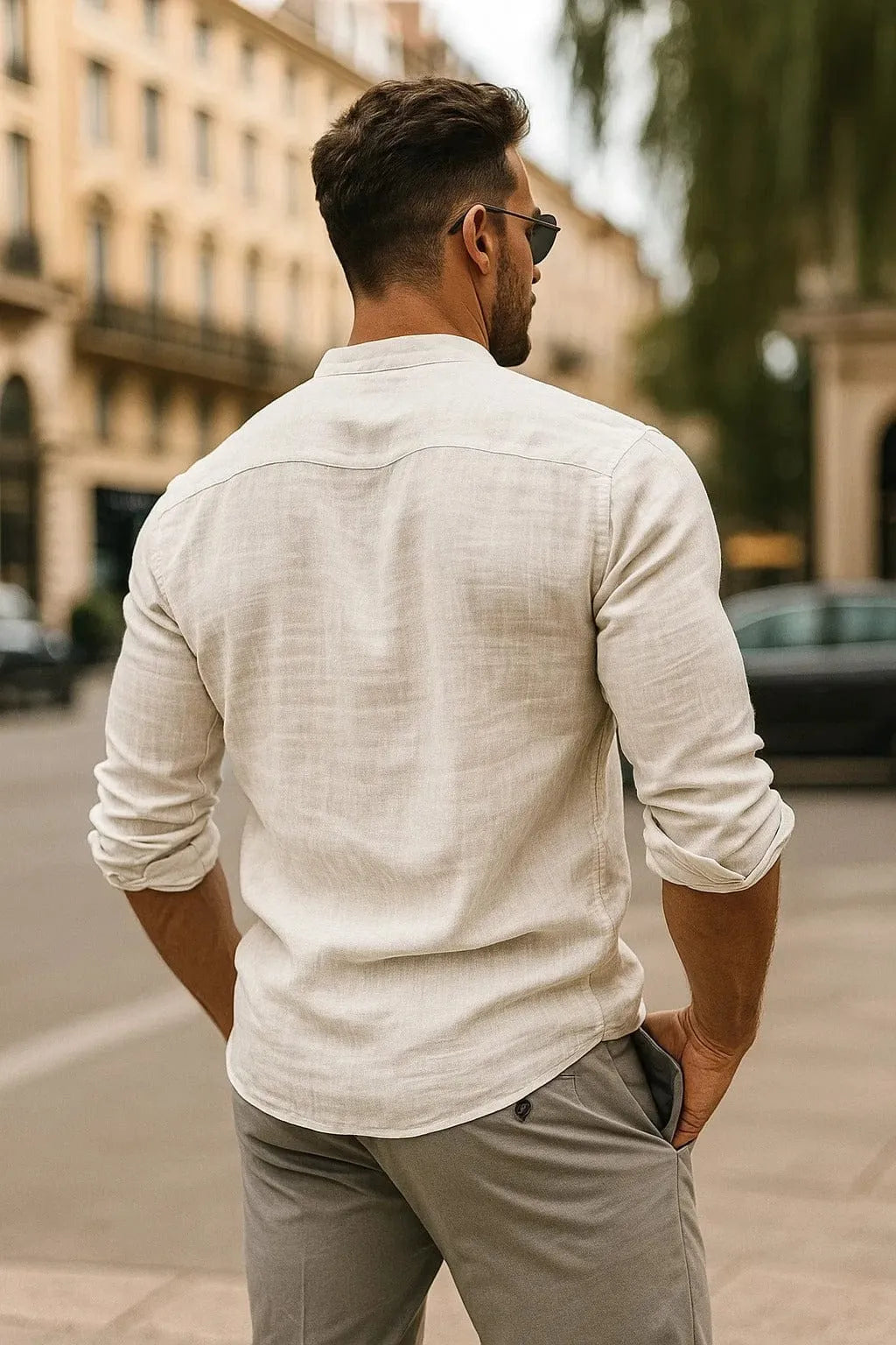 Homixa men's three-quarter-sleeve casual shirt in lightweight fabric, featuring a relaxed fit and button-up front.