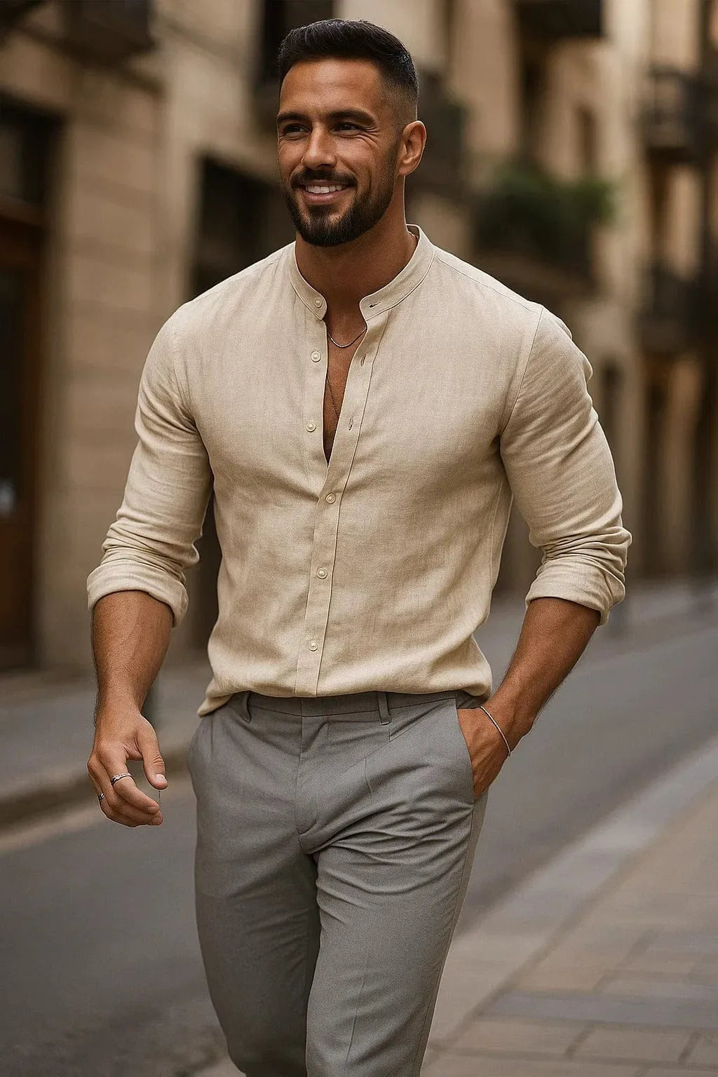 Homixa men's three-quarter-sleeve casual shirt in lightweight fabric, beige color, with a relaxed fit and button-up front.