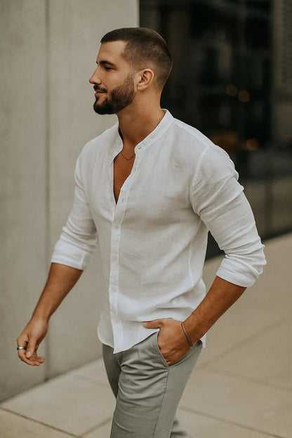 Homixa men's three-quarter-sleeve casual shirt in lightweight fabric, featuring a relaxed fit and button-up front.