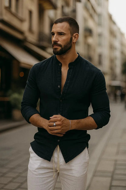 Homixa men's three-quarter-sleeve casual shirt in lightweight fabric, casual style, with a button-up front and collar.