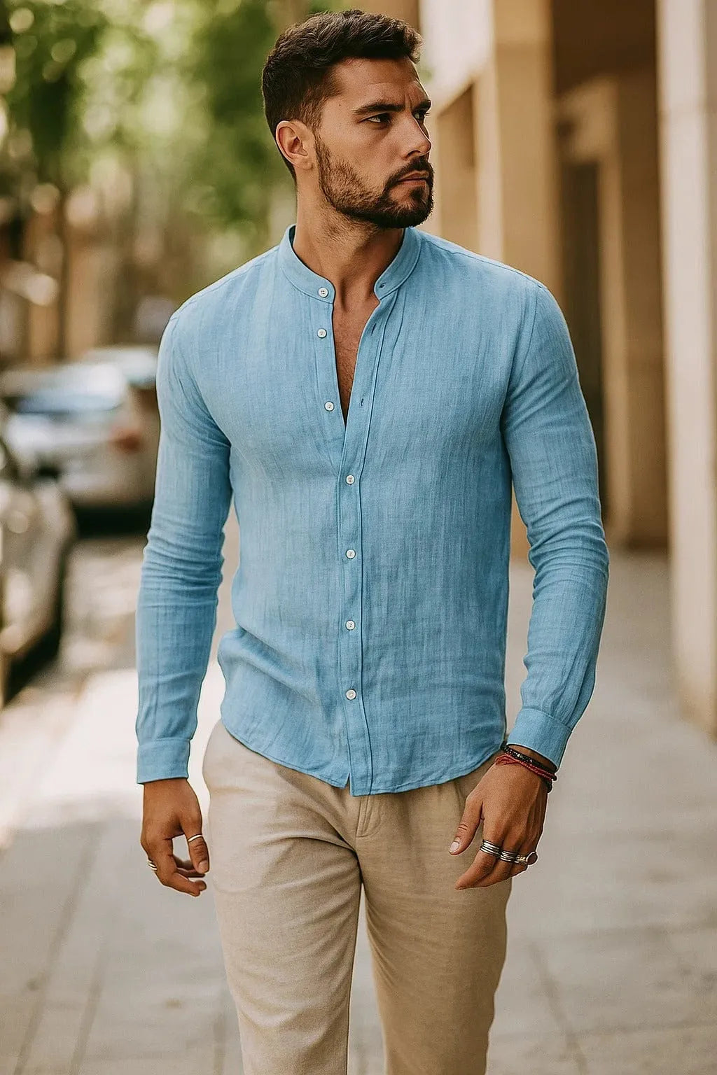 Homixa men's three-quarter-sleeve casual shirt in lightweight fabric, featuring a relaxed fit and button-up front.
