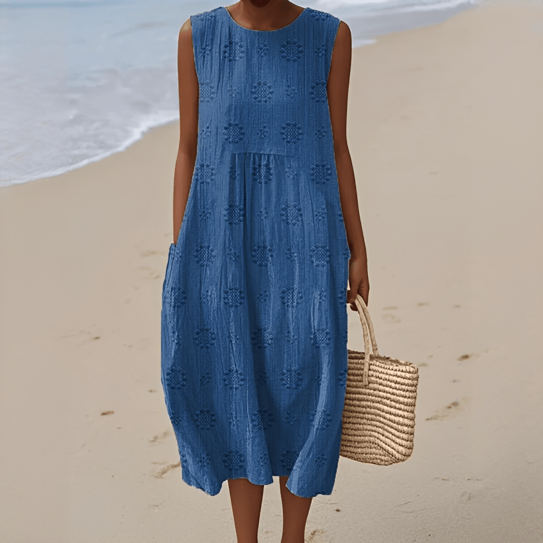 Women’s sleeveless summer midi dress by Mainz-Mode with pockets, lightweight casual dress for warm days, holidays, and everyday wear.