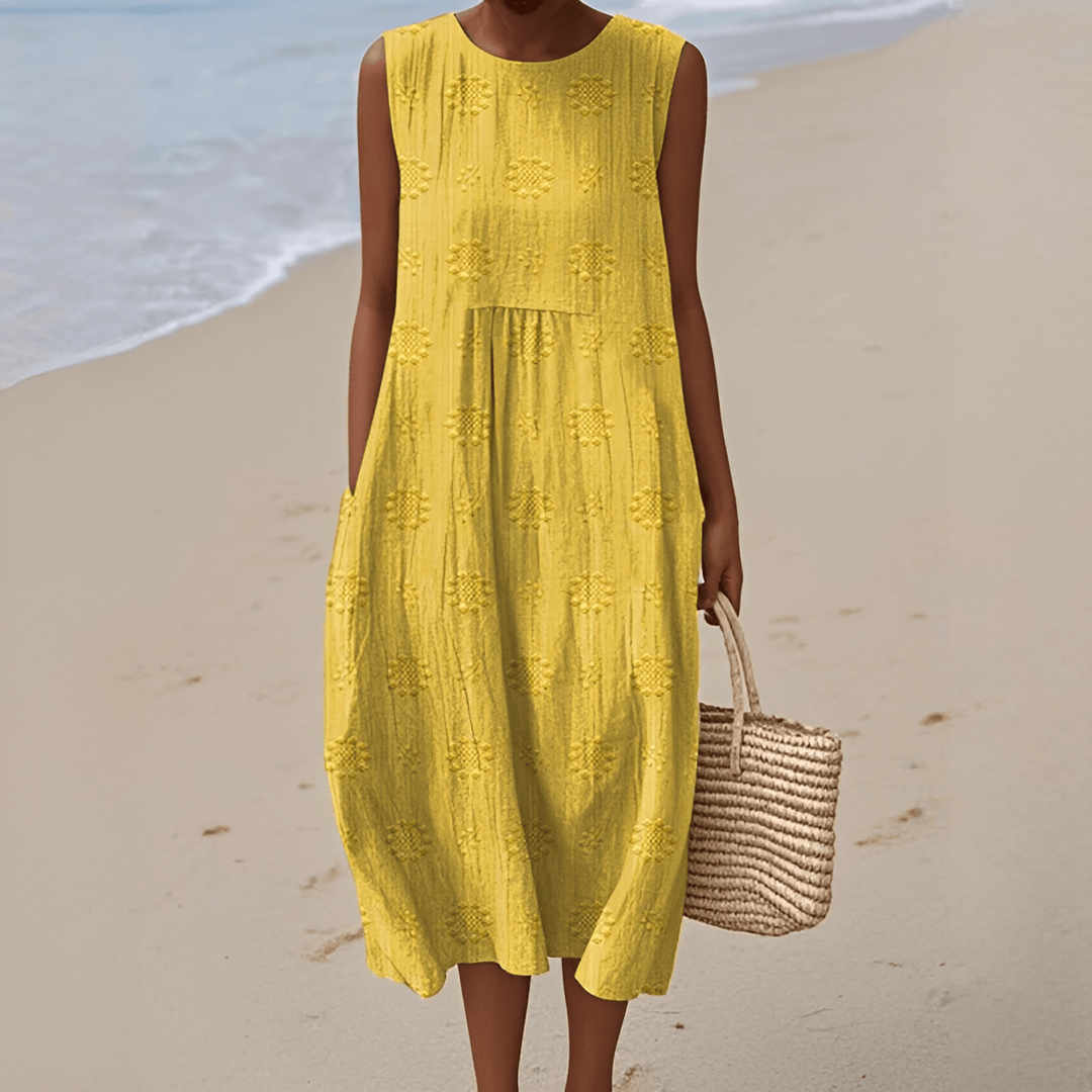 Women’s sleeveless summer midi dress by Mainz-Mode with pockets, lightweight casual dress for everyday, vacation, and warm days.