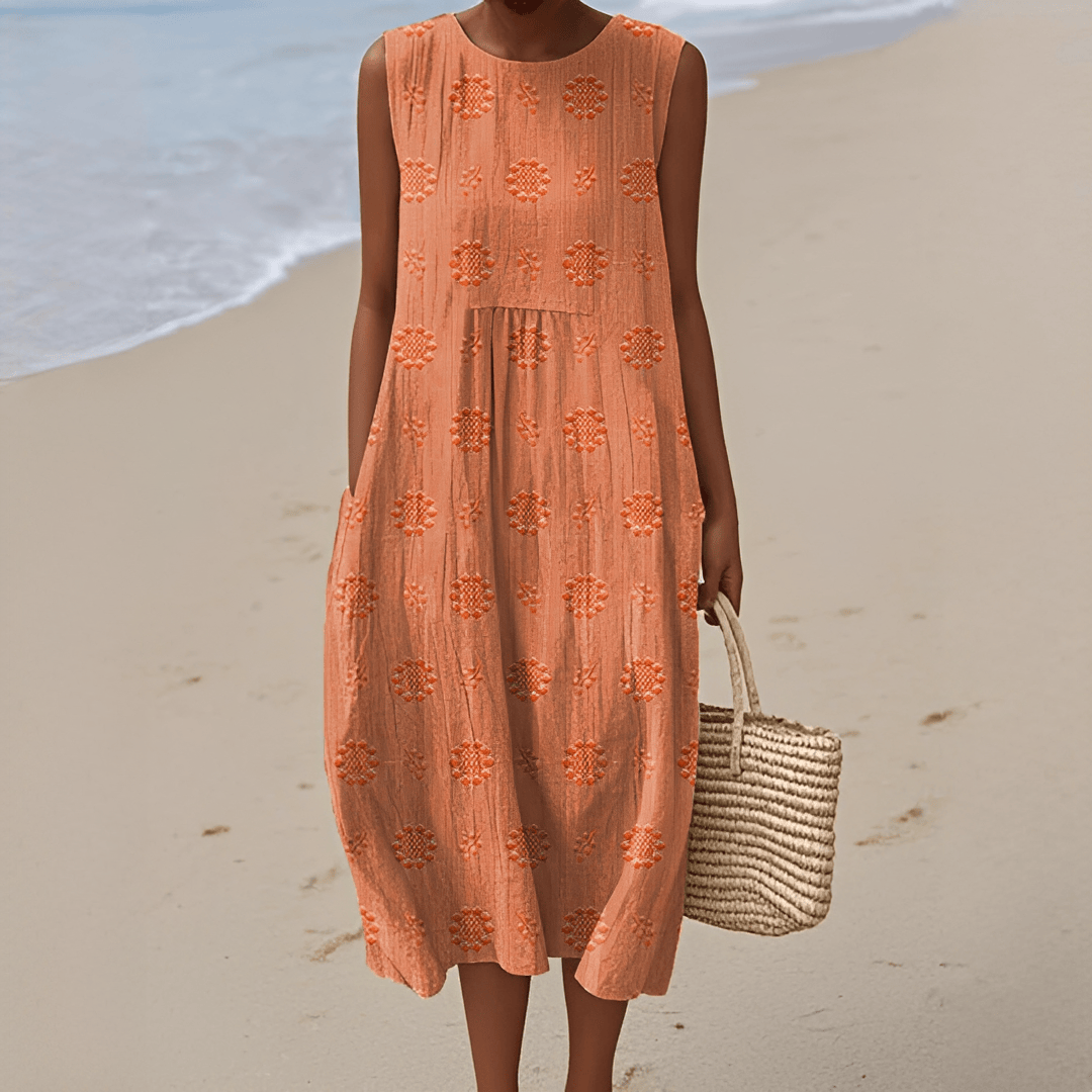 Women's sleeveless summer midi dress with pockets by Mainz-Mode, lightweight casual dress for everyday, vacation, and warm days.